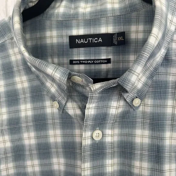 Nautica XXL Button Up Short Sleeve Shirt 80s Two Ply Cotton Blue Plaid - Picture 2 of 7